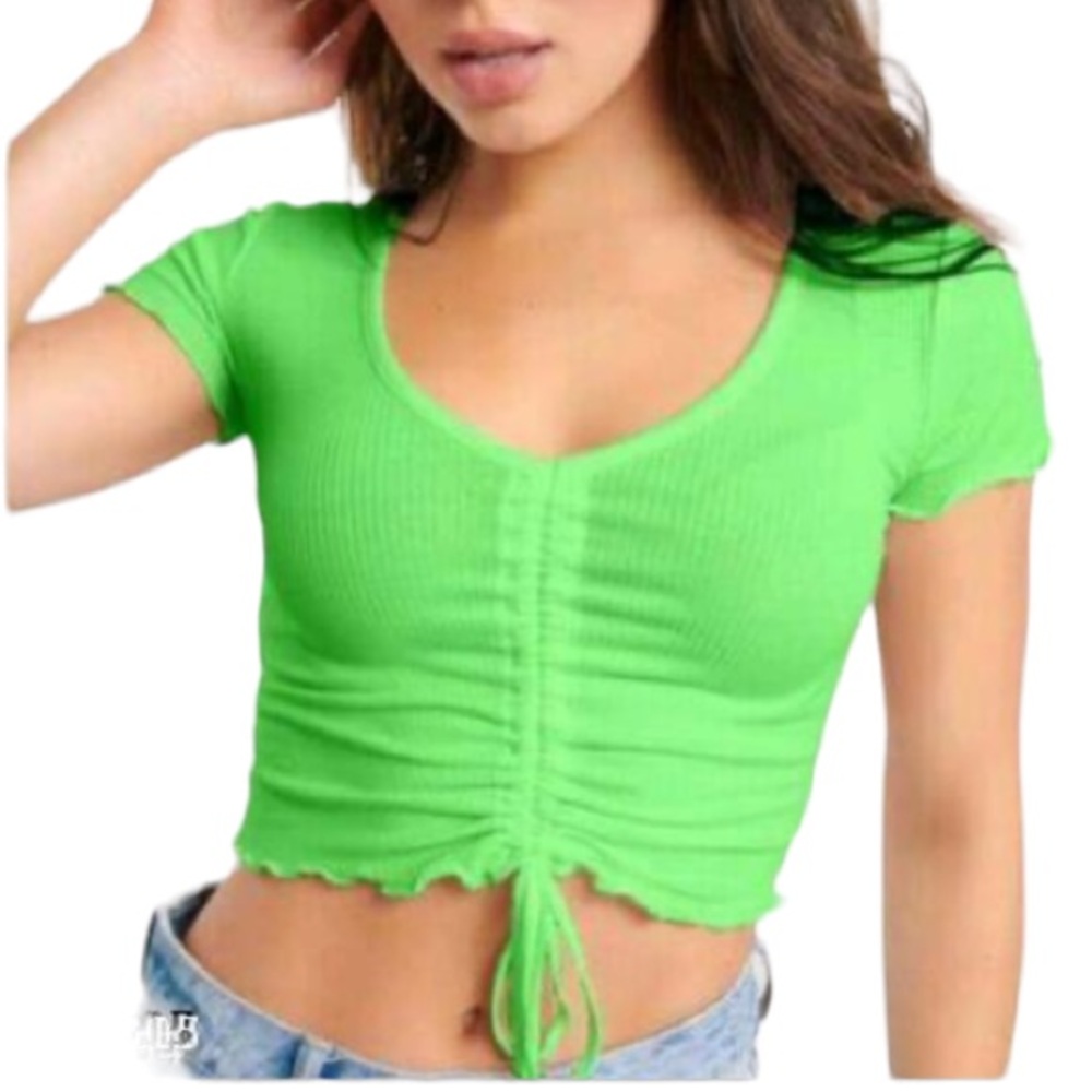 ZARA neon green cinched front v-neck ruffle trim ribbed stretch crop top small